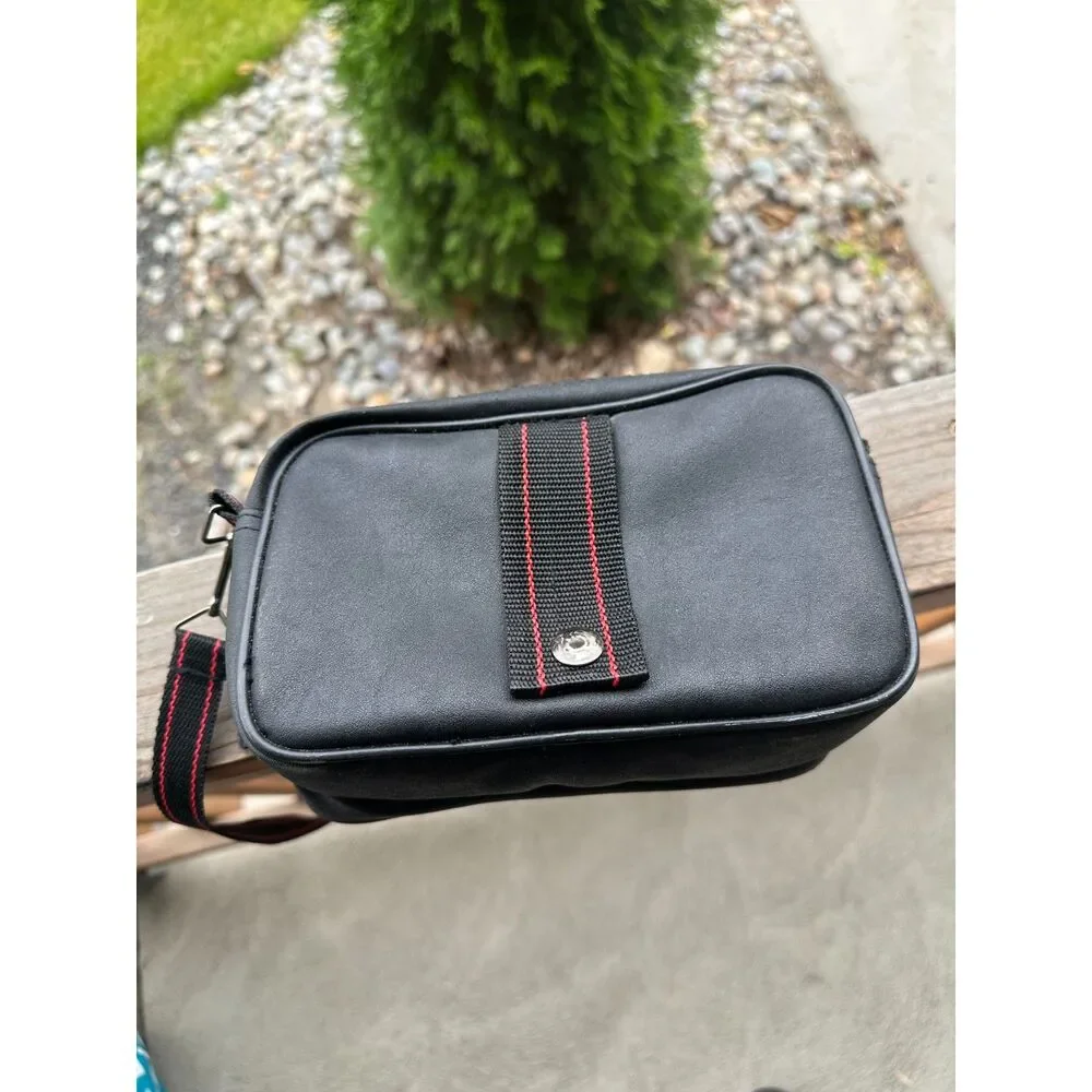 Vintage Canon Black Faux Leather Dual Zip Camera Case Red Stitch Belt Pouch